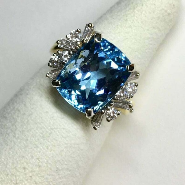 11.00 Carat Rare Santa Maria Aquamarine Ring 0.98CT Baguette and Round Cut CZ Ring Handmade Jewelry From India | Silent World Jewelry