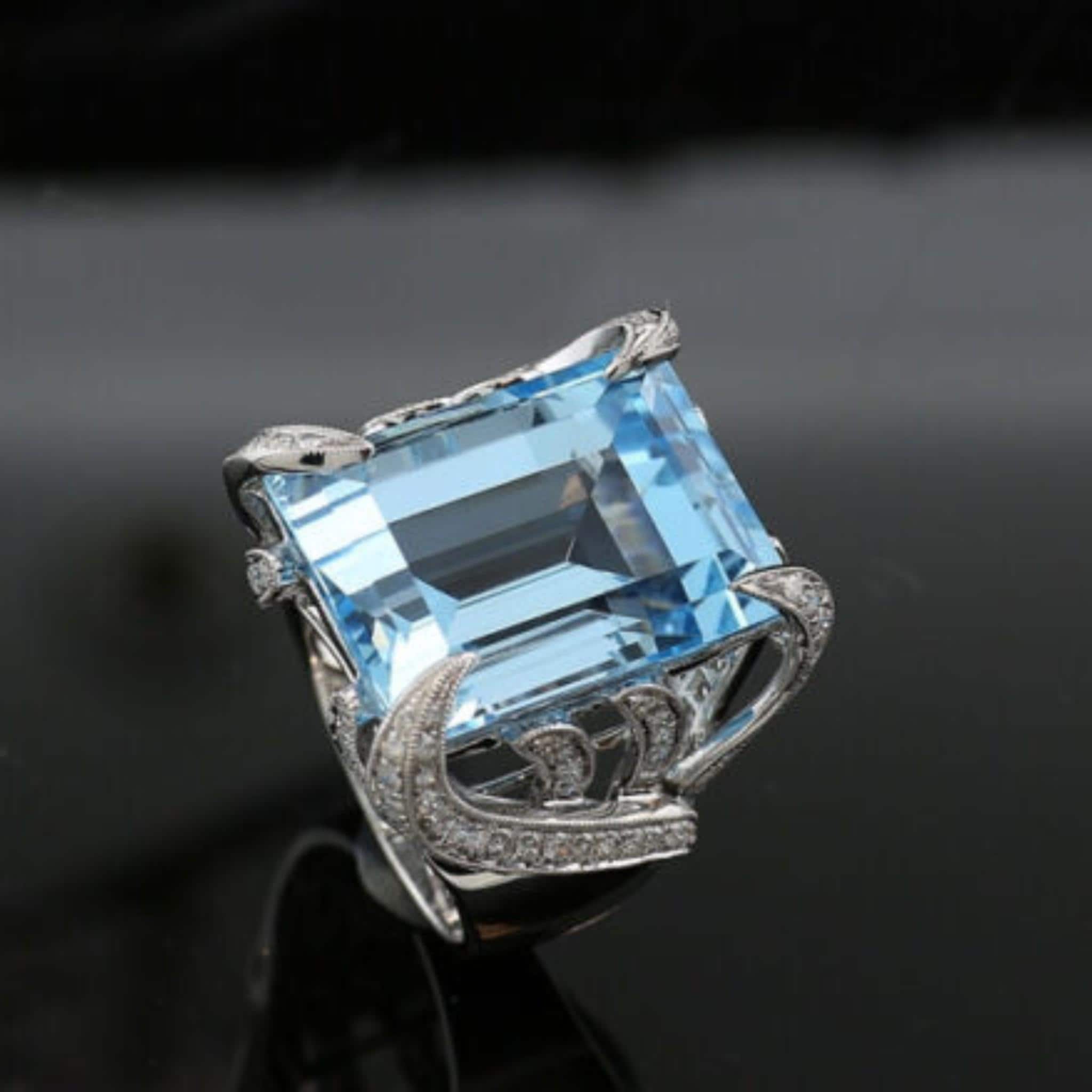 Statement Transparent Aquamarine Ring, Large Emerald Cut 22 Carats Royal Wedding Jewelry Classic Antique Style Ring Anniversary Gift For Her