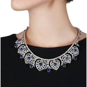 Round Blue Sapphire & Diamond Bridal Necklace 925 Fine Silver Wedding Jewelry, Vintage Style Heart Shape Tennis CZ Necklace Anniversary Gift