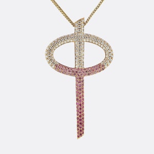 Pink Sapphire and CZ Diamond Phi Pendant Necklace 18ct Yellow Gold Plated, 925 Sterling Silver Phi Symbol Necklace, Size 50mm by 30mm