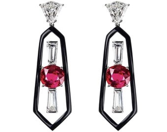 Boucles d'oreilles géométriques Art déco, boucles d'oreilles tendance en rubis rouge avec cadre en émail noir, bijoux de mariée d'inspiration vintage