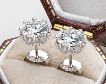 Stud Earrings, 1 ct Real Moissanite Studs in 10k White Gold Crown Earrings, Birthday Gift with Box, Jewelry for him