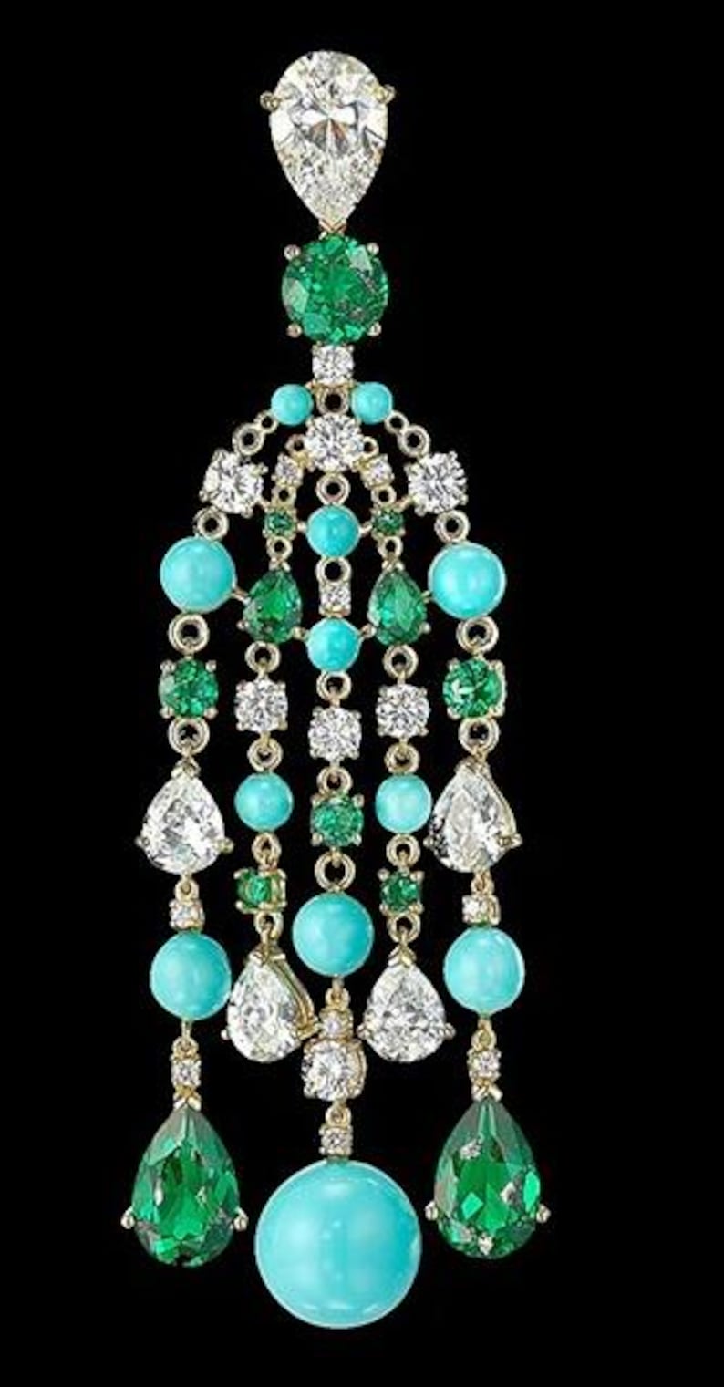 May include: A gold dangle earring with a pear-shaped diamond at the top, followed by a cascade of turquoise and emerald gemstones.