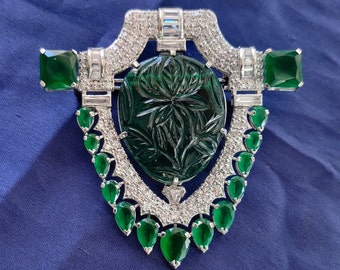 Emerald Diamond Shield Brooch, Green Carved 925 Sterling Silver CZ Royal Jewelry, Vintage Partywear Pin, Gift for