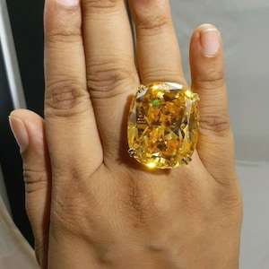 BIG 75+ Carat Cushion Cut Solitaire Party Cz Ring Vivid Yellow, Statement Ring For Women 925 Sterling Silver, Huge Simulated Diamond Ring