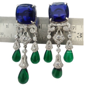 Fabulous Royal Blue Sapphire Earrings 925 Sterling Silver Exquisite Jewelry Vintage style ART DECO Design Emerald Drop Handmade CZ Jewelry