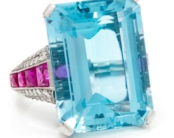 Large Aquamarine Emerald Cut CZ Stone Engagement Ring, Cocktail Party Wear Ring, Any Occasion Ring, Huge Gemstone Wedding Ring 925 Silver