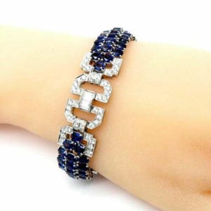 Estate Jewelry 925 Sterling Silver Antique Art Deco Style Blue Oval Cut Sapphire 24.75 TCW and Cubic Zirconia Bracelet Gift for Her