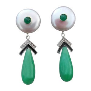Teardrop Emerald and Freshwater Pearl Dangle Drop Earrings for Womens 925 Sterling Silver Vintage Emerald Jewelry, Wedding Bridal Earrings