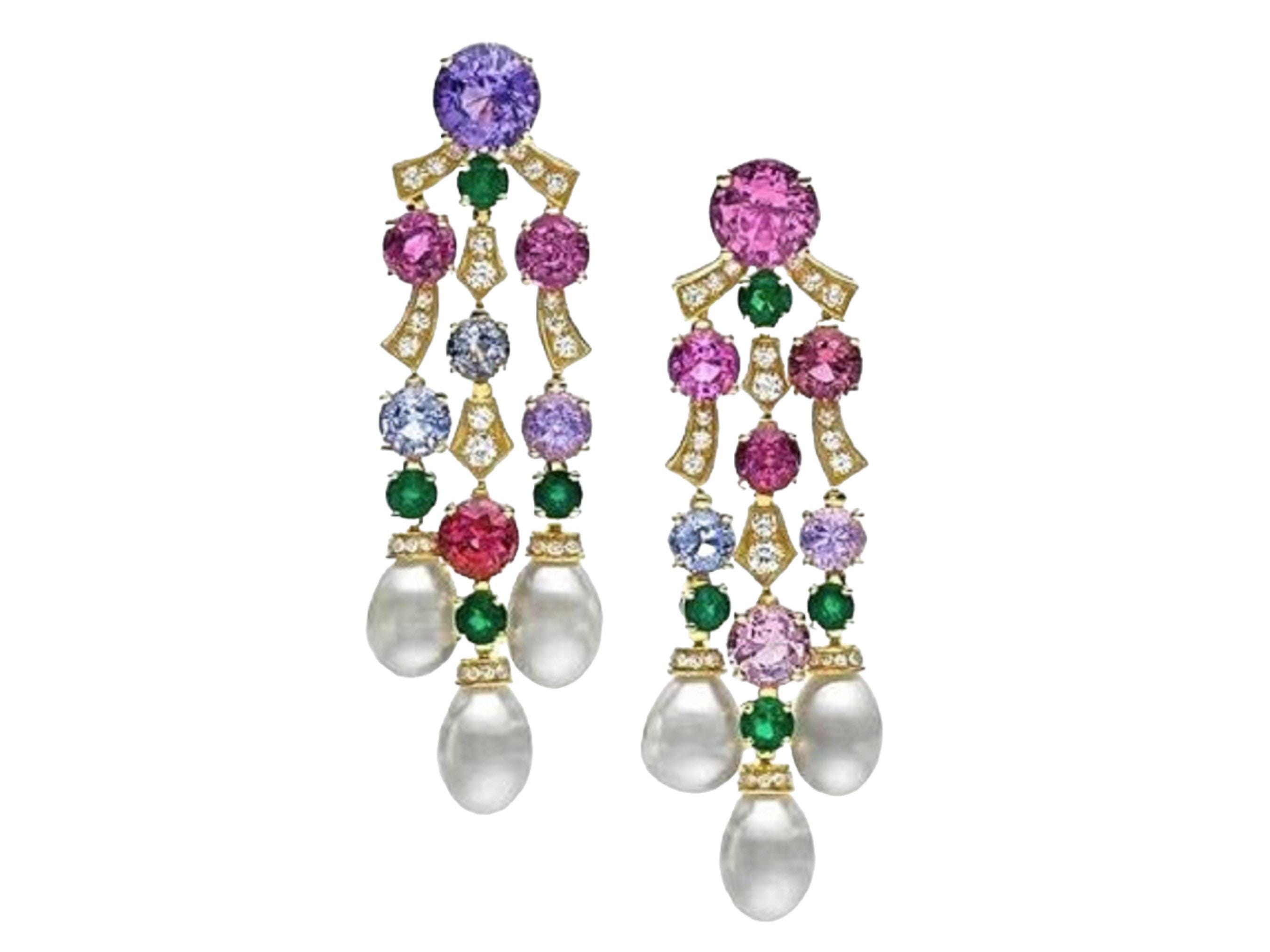 Colorful Multicolor Gemstone & Pearl Chandelier Dangle Drop Earring 925 Solid Silver Anniversary Birthday Gift Vintage Style Gift for Her.