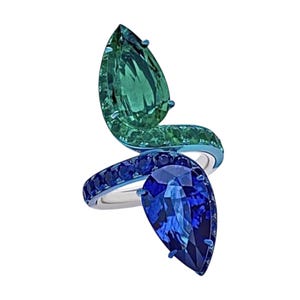 Pear Cut Green Emerald & Blue Sapphire Long Engagement 925 Sterling Silver Ring, Gemstone Ring, Two Stone Pear Cut Ring, Minimalist Rings