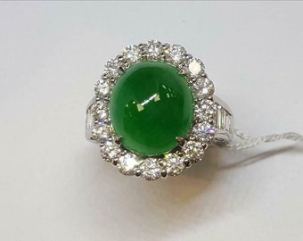 Burma Imperial Green 7.26CT Jadeite Jade and Shiny White 2.11CT CZ Ring, Jadeite Cabochon Ring, Imperial Green Cabochon Ring, Jade Ring