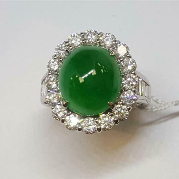Burma Imperial Green 7.26CT Jadeite Jade and Shiny White 2.11CT CZ Ring, Jadeite Cabochon Ring, Imperial Green Cabochon Ring, Jade Ring