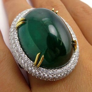 Sensational 45.4CT Oval Green Emerald Cabochon Diamond Exquisite Vintage style Pave Set Silver Ring, Handmade Jewelry, Silent World Jewelry