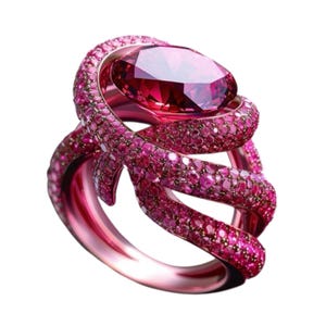May include: A striking pink ring with a large, oval-shaped gemstone as its focal point. The ring's design incorporates smaller, glittering pink stones, set around the band and central gem, creating a luxurious and captivating jewellery item.