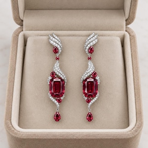 Lyxiga örhängen med rubin, kuddslipade röda ädelstenar med diamanter i silver, eleganta brudsmycken i present