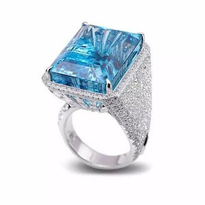 45CT Lagre Emerald Cut Aquamarine With 5.59CT Vivid White CZ Trinity Ring 925 Silver Cocktail Ring For Her Engagement Ring, Jewelry for Gift