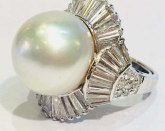 Cocktail Ring For Women White Round Large Shell Pearl & Studded Fine Jewelry 925 Sterling Silver Handmade Party Wear CZ Ring Silent World