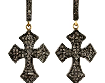 Black Cross Dangle Earrings 1.27ct Lab Created Round Diamond 925 Sterling Silver Handmade Jewelry, Religious Jewelry, Spiritual Gift for Her