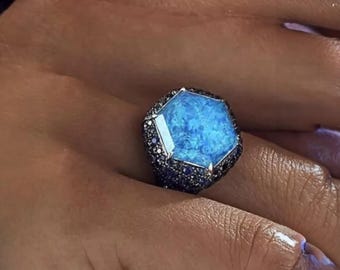 Hexagon Shape Blue Opal With Round Cut Black Blue Sapphire 925 Sterling Silver Magnificent Rings