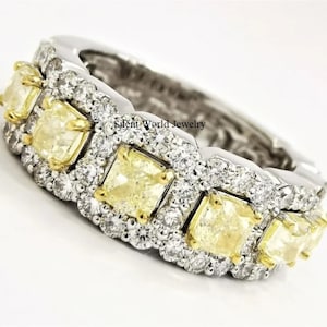 2.07 TCW Yellow Radiant Cut CZ Diamond Band / Wedding Solid White Gold Band / Half Eternity Band For Anniversary, Wedding Gift for Wife