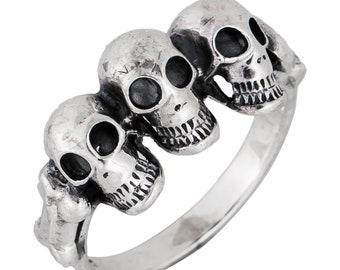 Three Skull Ring Solid 925 Sterling Silver, Handmade Gothic Biker Skull Jewelry