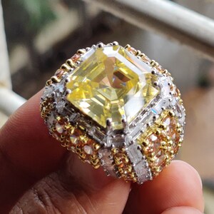 Cocktail Ring For Women 925 Sterling Silver CZ Yellow Asscher-Cut Fully Studded Statement Handmade Party Wear Wide Band Ring / SILENT WORLD