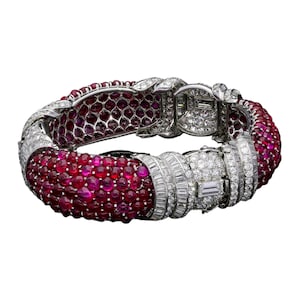 Burmese Ruby Bracelet 925 Sterling silver, Cabochon Ruby CZ Diamonds Round Baguette Handcrafted Party Wear Bracelet women, High End Jewelry