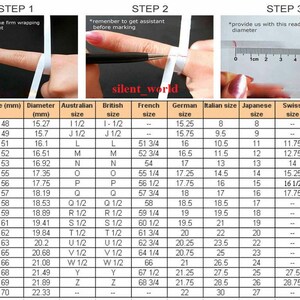 May include: Ring size chart with steps for measuring finger size, including diameter in millimeters and U.S. sizes. The chart also includes Australian, British, French, German, Italian, Japanese, and Swiss sizes.
