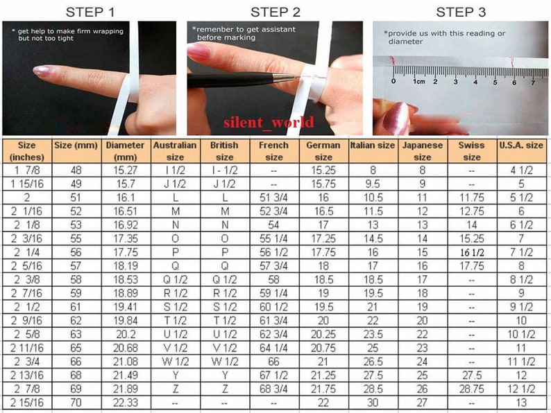 May include: Ring size chart with steps for measuring finger size, including diameter in millimeters and U.S. sizes. The chart also includes Australian, British, French, German, Italian, Japanese, and Swiss sizes.