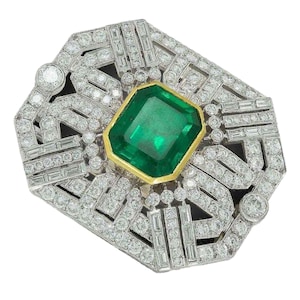Art-Deco-Stil Syn kolumbianischen Asscher Cut 20.95CT Grüner Smaragd & 10.11CT CZ Antike Brosche, zweifarbige einzigartige Edelstein Party Wear Brosche