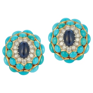 Vintage Turquoise Earrings with Blue Cabochon Sapphire 18k Yellow Gold Plated Gemstone Stud Earrings Circa 1965 Length 1.25 in Birthday Gift
