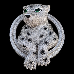 Broche de pantera de estilo vintage Unisex Plata de Ley 925 sólida Broche antiguo con cara de leopardo recubierto de esmalte negro / MUNDO SILENCIOSO
