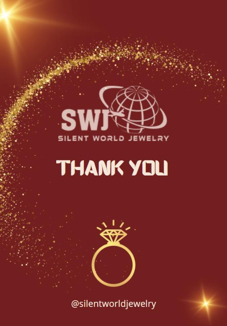 May include: A red background with gold glitter and a white logo that says "SWJ Silent World Jewelry". The text "Thank You" is below the logo. A gold ring with a diamond is below the text. The text "@silentworldjewelry" is at the bottom of the image.