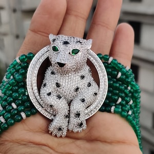 Stunning Handmade Wild Leopard Bracelet Sterling Silver with CZ Jewelry Green Onyx Bead Bracelet for Women, Jaguar Jewelry, Panther Bracelet