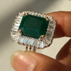 Estate vintage Halo cocktail ballerine bague 10 CT émeraude 925 argent sterling CZ bijoux faits main | Bijoux Monde Silencieux