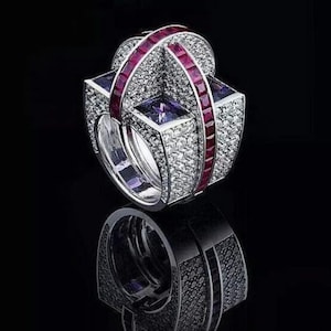 Stunning Architectural Ring Accent With Moissanite Amethyst & Ruby 925 Sterling Silver Huge Dome Statement Jewellery, Over Size Ring For Her