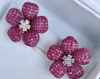 Invisible Setting Ruby Stud Earrings Pink Ruby Statement Flower Earrings for Women 925 Fine Silver Cubic Zirconia Handmade Fine Jewelry