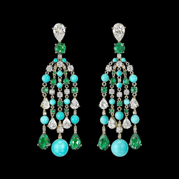 Emerald Turquoise and Lab Created Diamonds Chandlier Earrings for Women 925 Sterling Silver Bridal Long Earrings Jewelry Gift For Her
