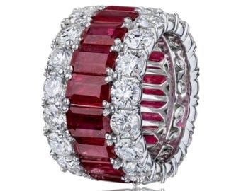 Deep Red Ruby Eternity Band Ring, Wide Statement Wedding Ring, Ruby and CZ Anniversary Band, Sterling Silver Luxury Ring, Vintage Inspired