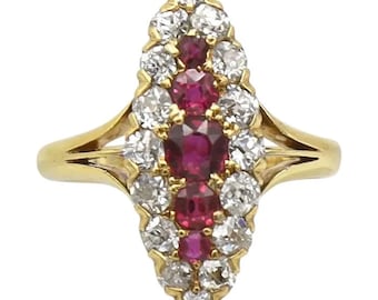 Victorian Ruby CZ Diamond Ring, 14k Yellow Gold Navette
