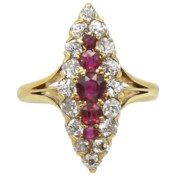 Antique Victorian Ruby and CZ Diamond 14k Yellow Gold Navette Ring 2.07 cts Old Mine Cut Diamonds / Dimensions 23 x 9 mm