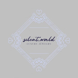 May include: A geometric frame with hearts at the corners and a stylized text that reads "silent_world - LUXURY JEWELRY -" in a dark blue color.