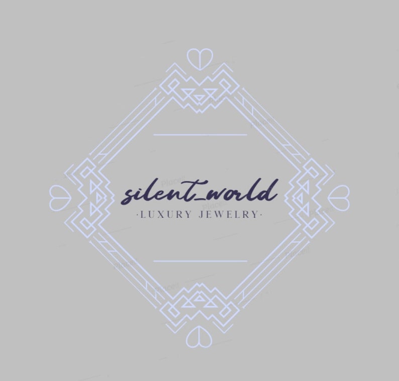 May include: A geometric frame with hearts at the corners and a stylized text that reads "silent_world - LUXURY JEWELRY -" in a dark blue color.