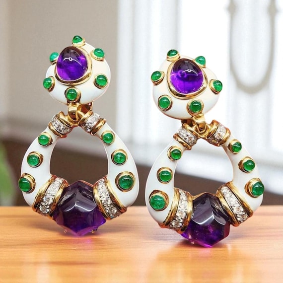 Orecchini pendenti in argento sterling con ametista: smalto color smeraldo e accenti in zirconia cubica - Italia