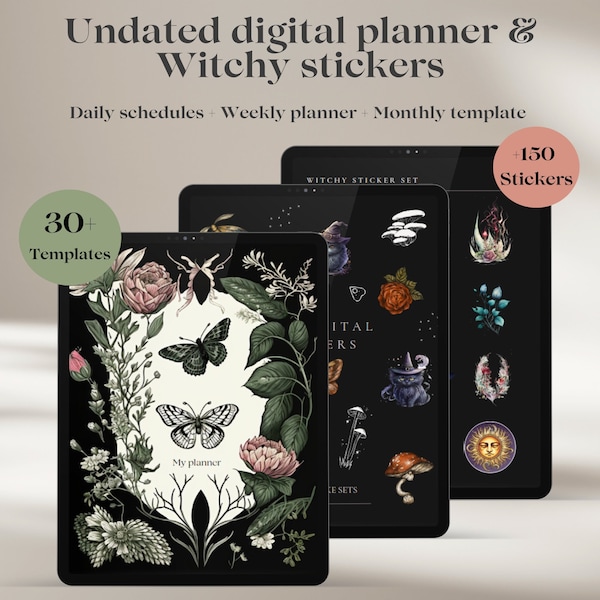 Witchy Digital Planner and Sticker Book for Goodnotes | Pre-cropped Digital Sticker Sheet | Digital Sticker Pack for Dark Theme Planners