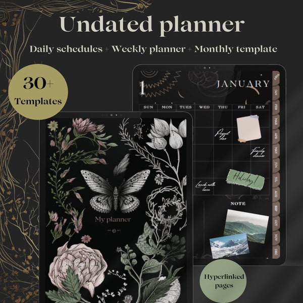 Witchy Updated Planner, Dark Mode Planner, Dark Academia Digital Planner Undated, Witchy digital planner, Instant PDF Download, Weekly plan