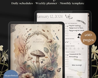 2024 Witchy Mushroom Digitaler Planer | Jahres-, Monats-, Wochen-, Tagesplaner | Budgetplaner, Mahlzeitenplaner, Studentenplaner | Witchy-Motiv