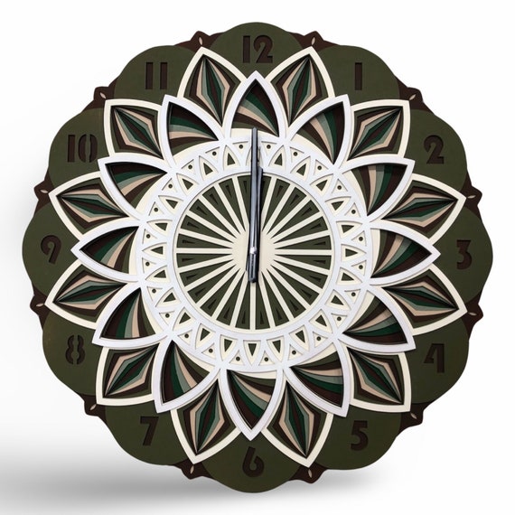 Mehrschichtige Mandala-Holzuhr, handgefertigte Wanduhr, modernes