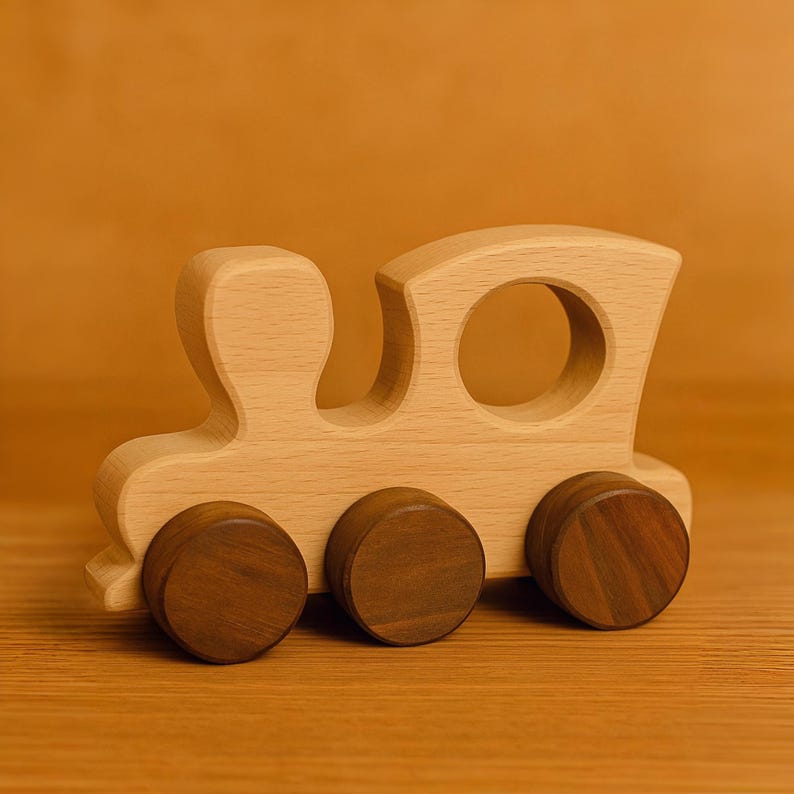 May include: A wooden toy train with brown wheels. The train is made of light wood and has a simple design.